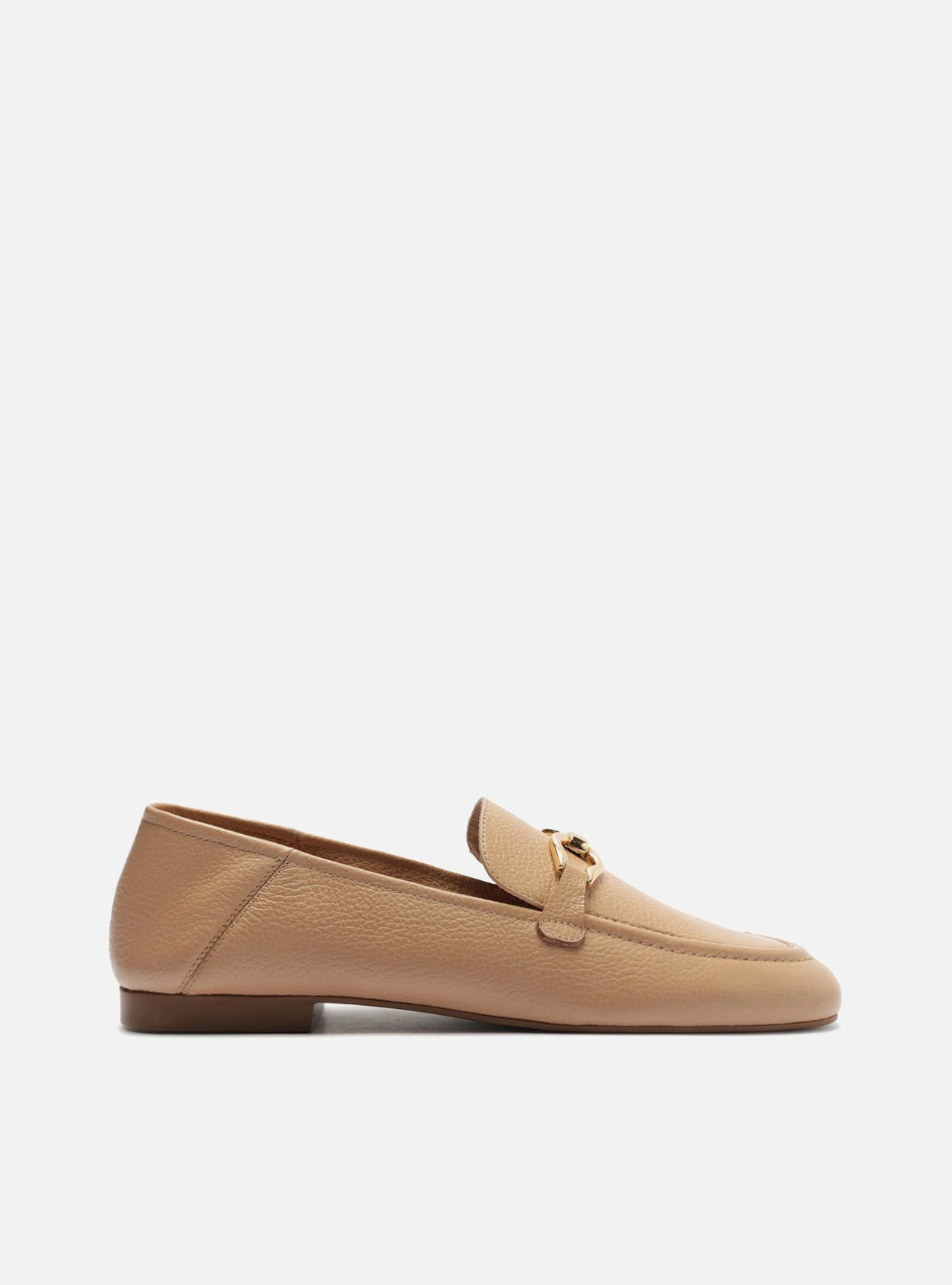 Loafer Bege Couro Bico Redondo Bridão Dourado