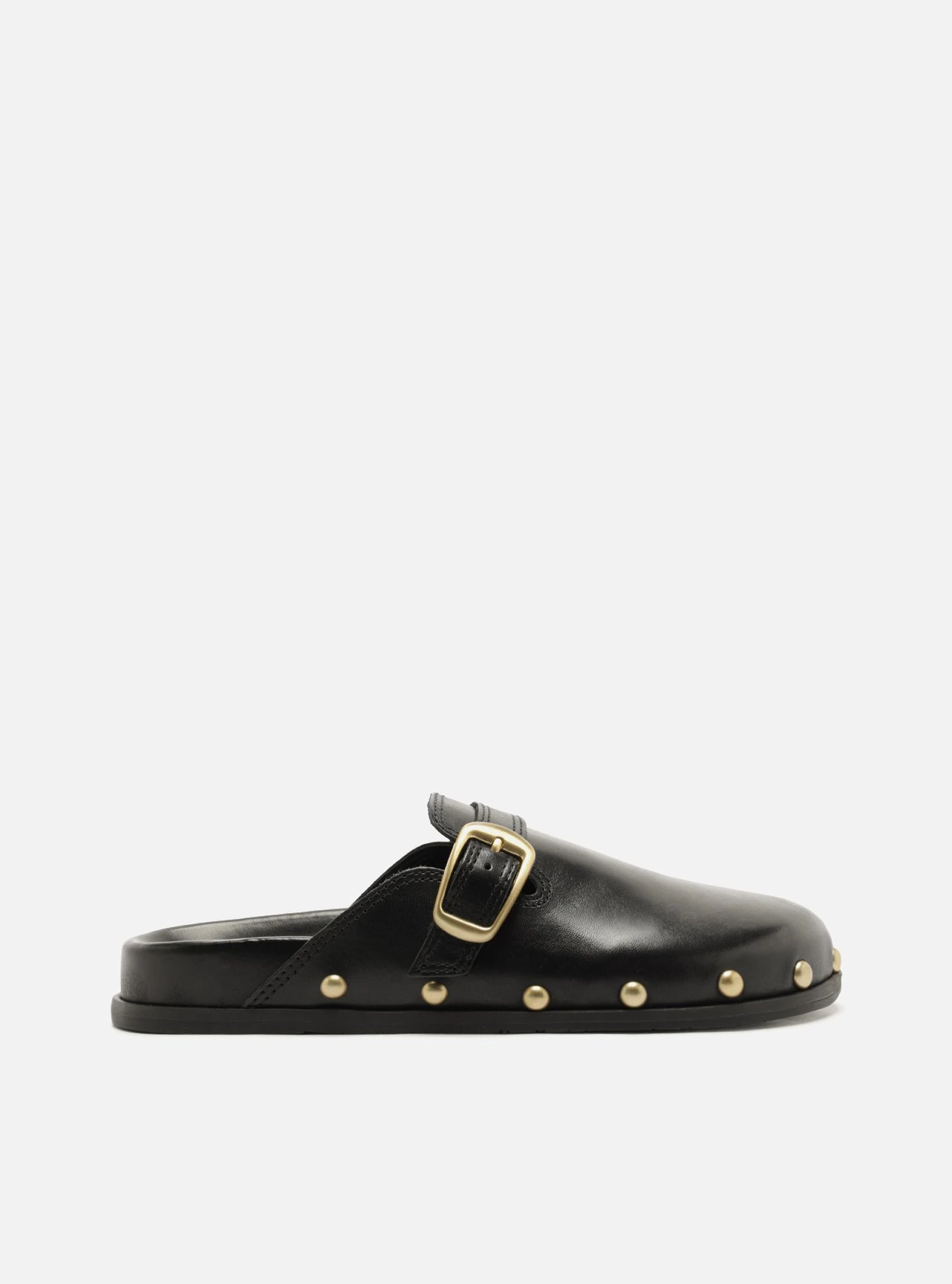 Mule Marrom Salto Bloco Fivela Tachas