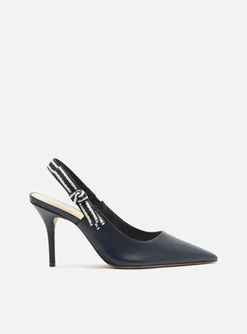 Scarpin Azul Couro Salto Médio Slingback Laço