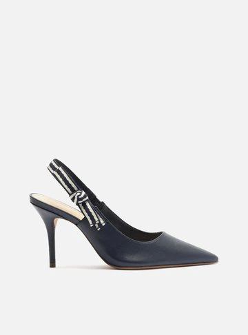 Scarpin Azul Couro Salto Médio Slingback Laço