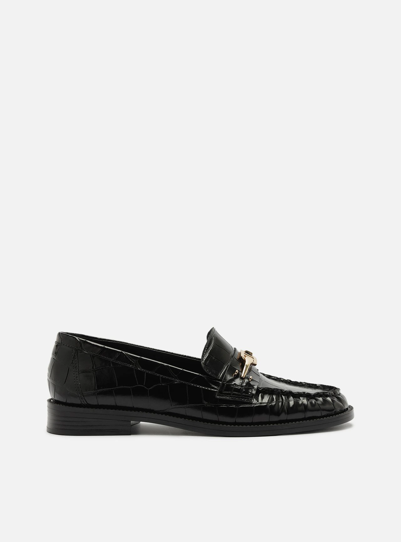 Mocassim Preto Couro Salto Bloco Croco Bridão