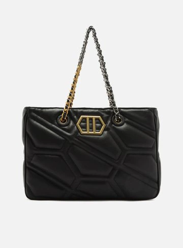 Bolsa Shopping Preta Couro Emma Grande Corrente