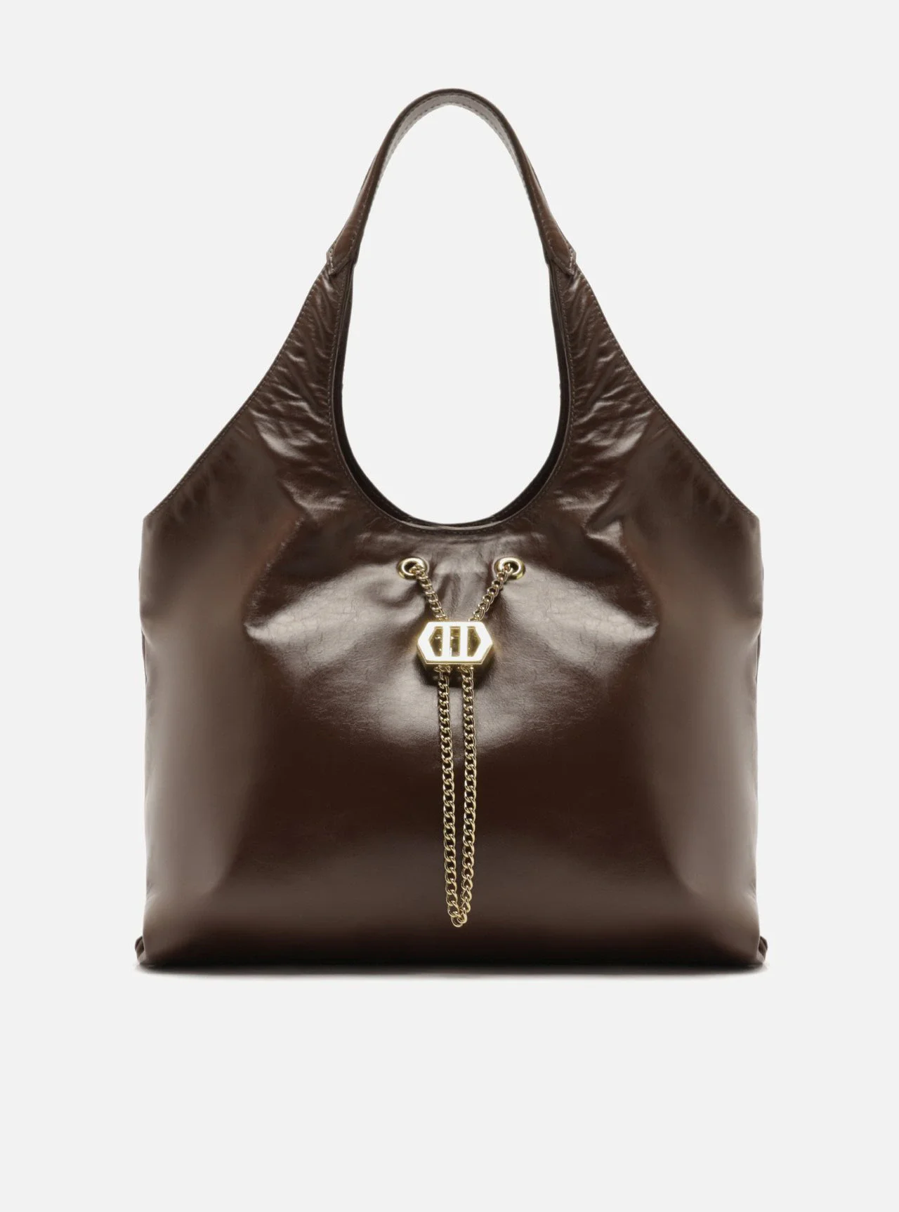 Bolsa Hobo Marrom Couro Grande Corrente Dourada