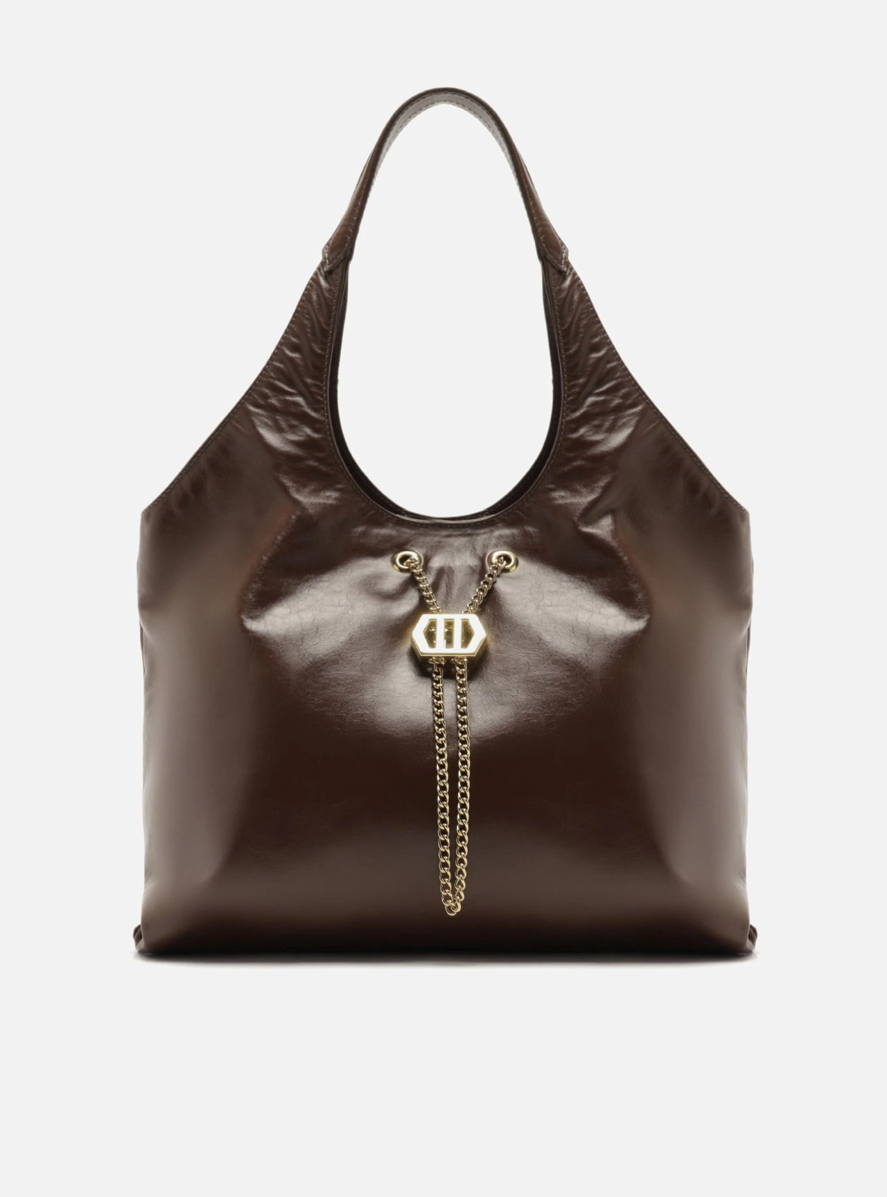 Bolsa Hobo Marrom Couro Grande Corrente Dourada