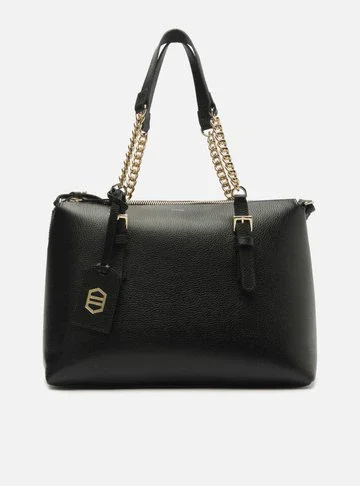 Bolsa Tote Preta Couro Grande Alça Corrente