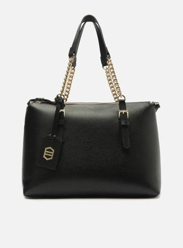 Bolsa Tote Preta Couro Grande Alça Corrente