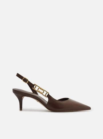 Scarpin Marrom Couro Bico Fino Detalhe Metal