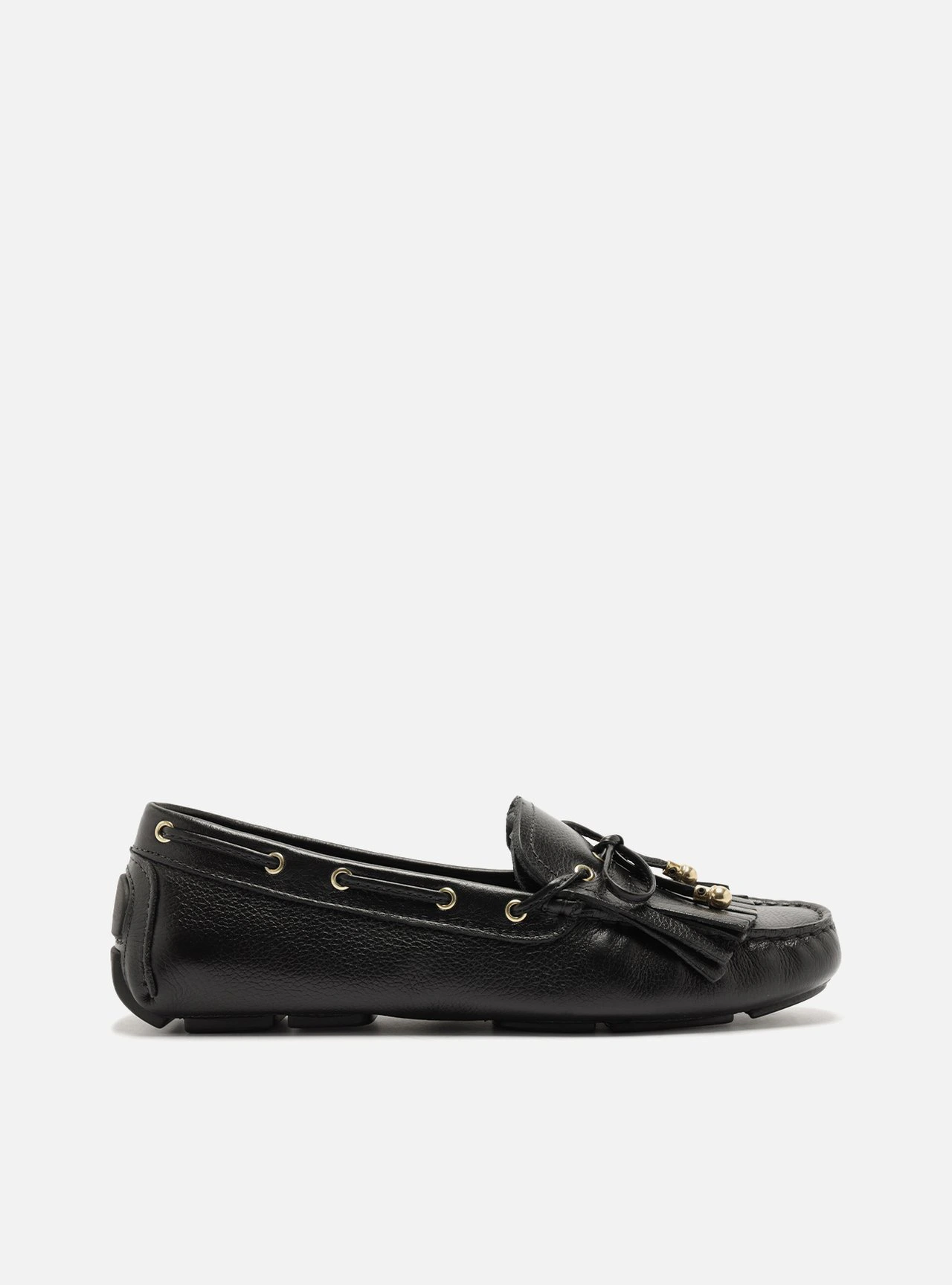 Mocassim Preto Couro Franjas Laço Retrô