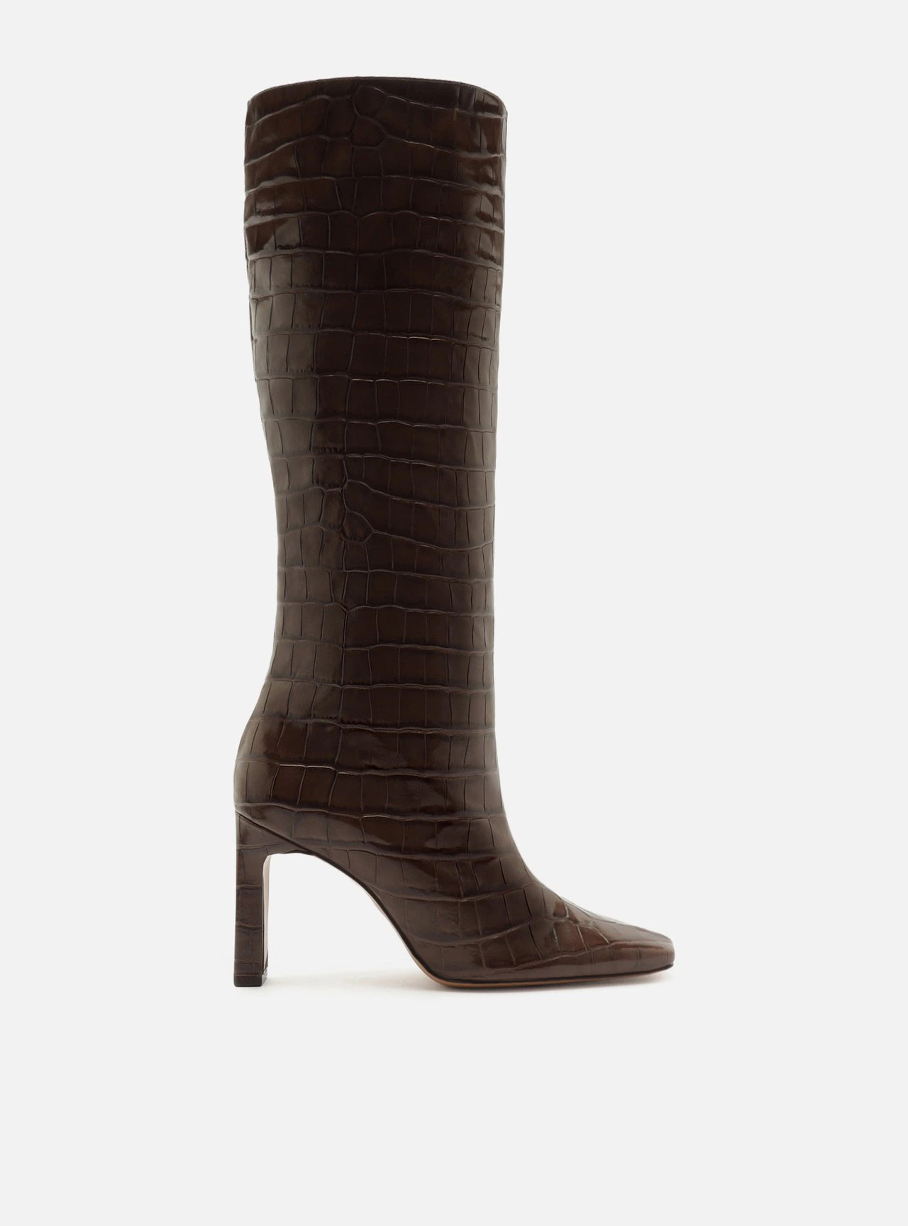 Bota Marrom Cano Longo Salto Bloco Croco
