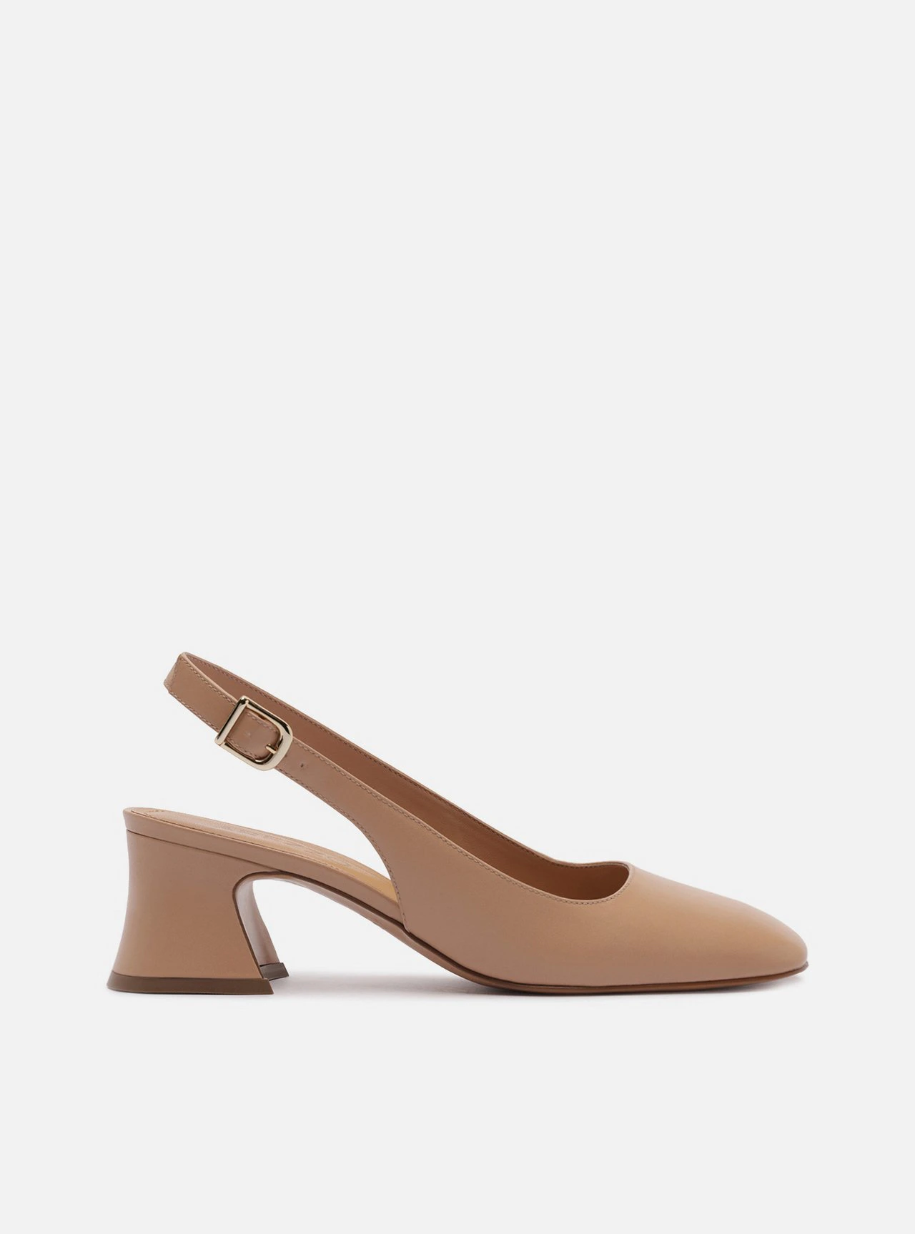 Scarpin Bege Couro Bloco Bico Quadrado Slingback