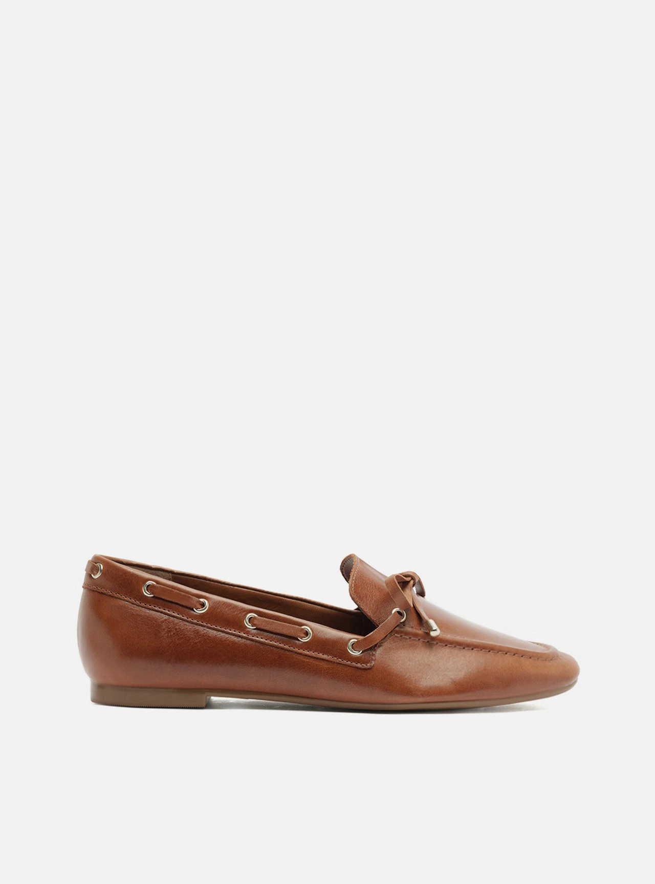 Mocassim Marrom Couro Bico Quadrado Laço