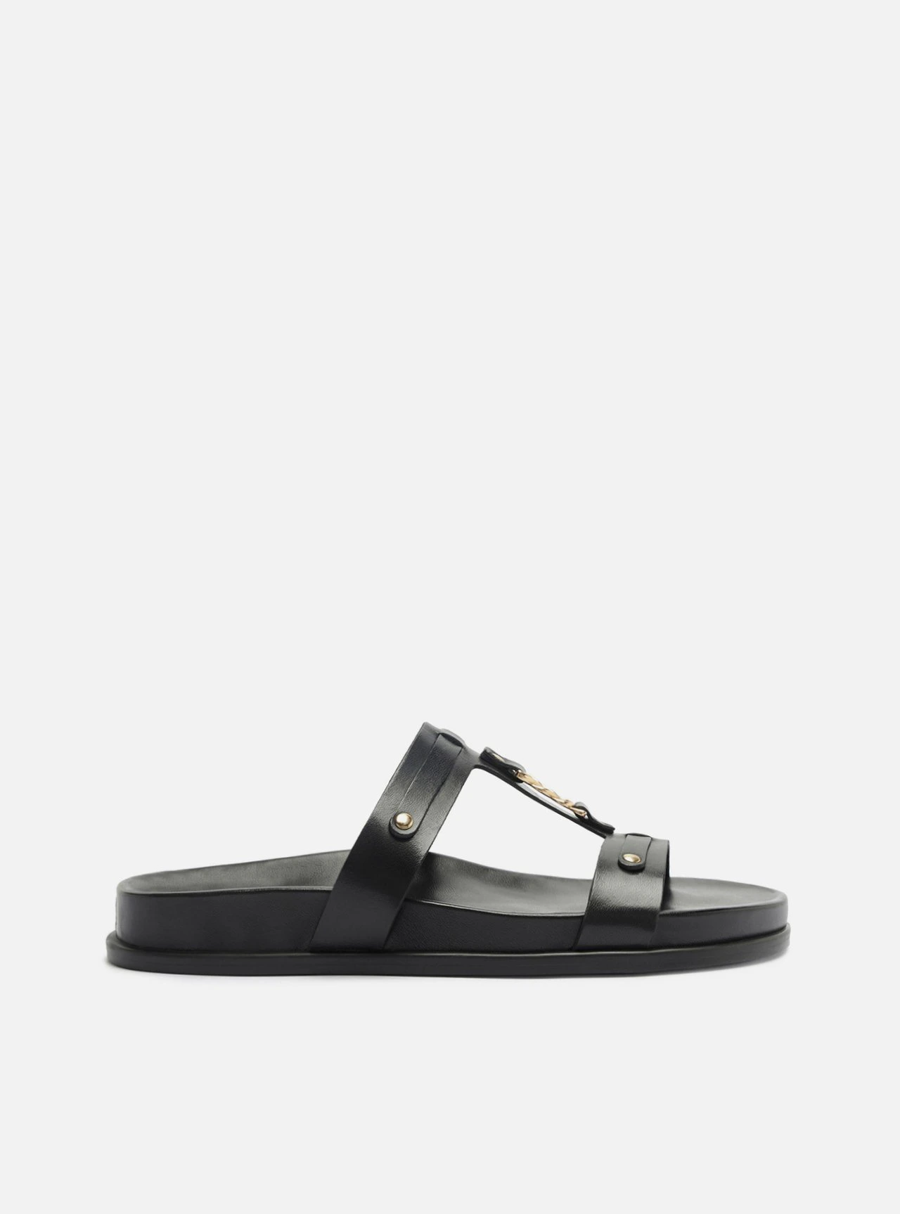 Sandália Papete Preta Couro Flatform Metais