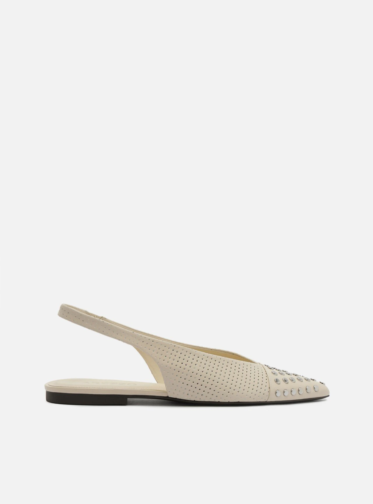 Sapatilha Off White Couro Bico Fino Metais Slingback