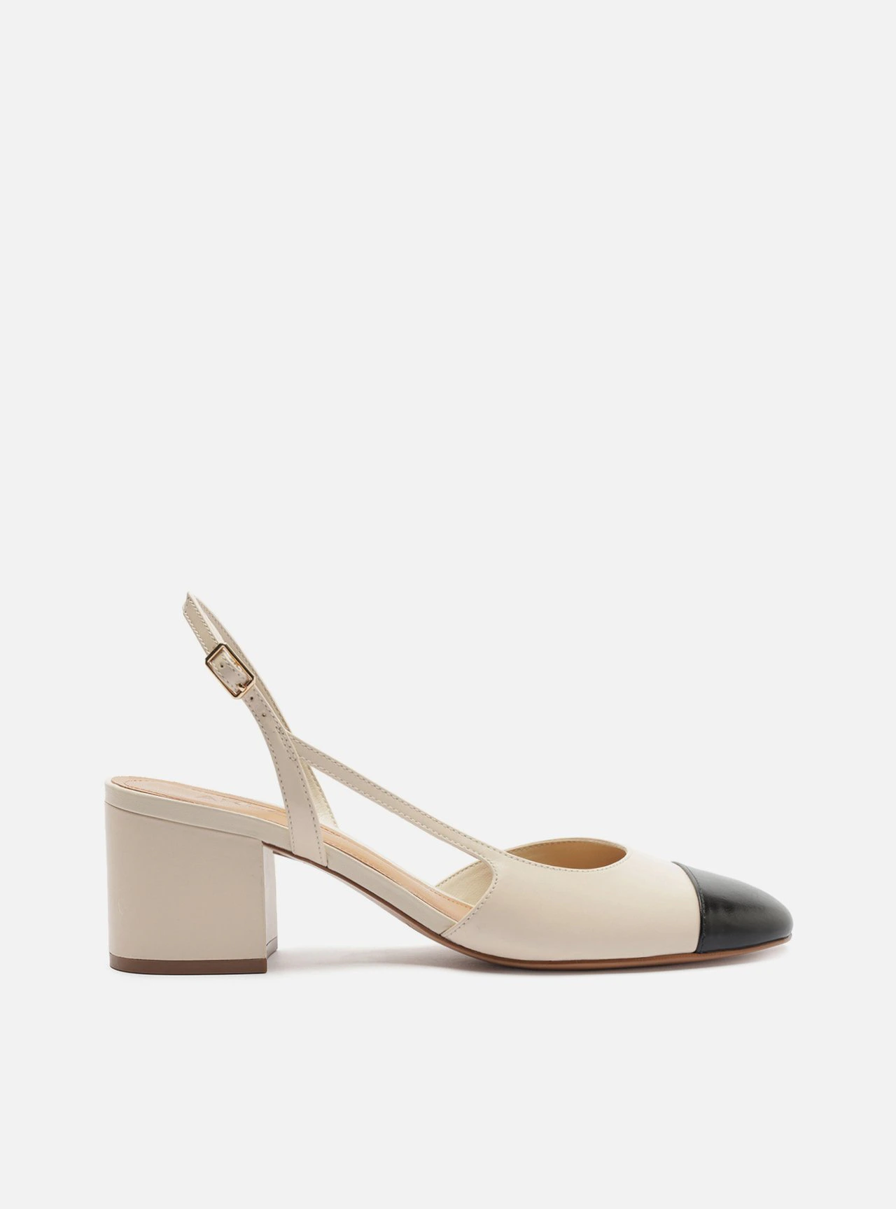 Scarpin Branco Couro Bloco Slingback Cap Toe Preto