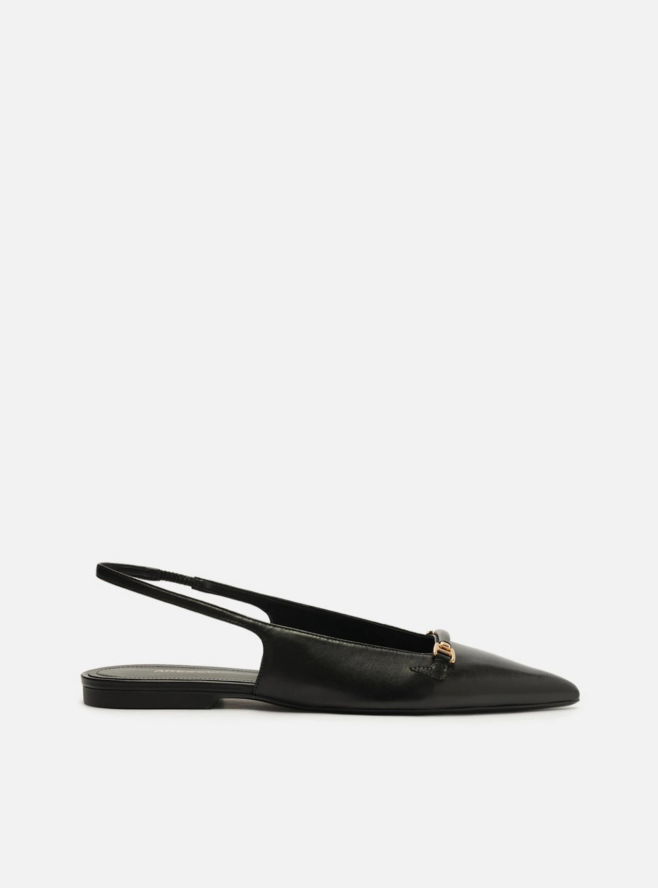 Sapatilha Preta Couro Slingback Bico Fino Metais
