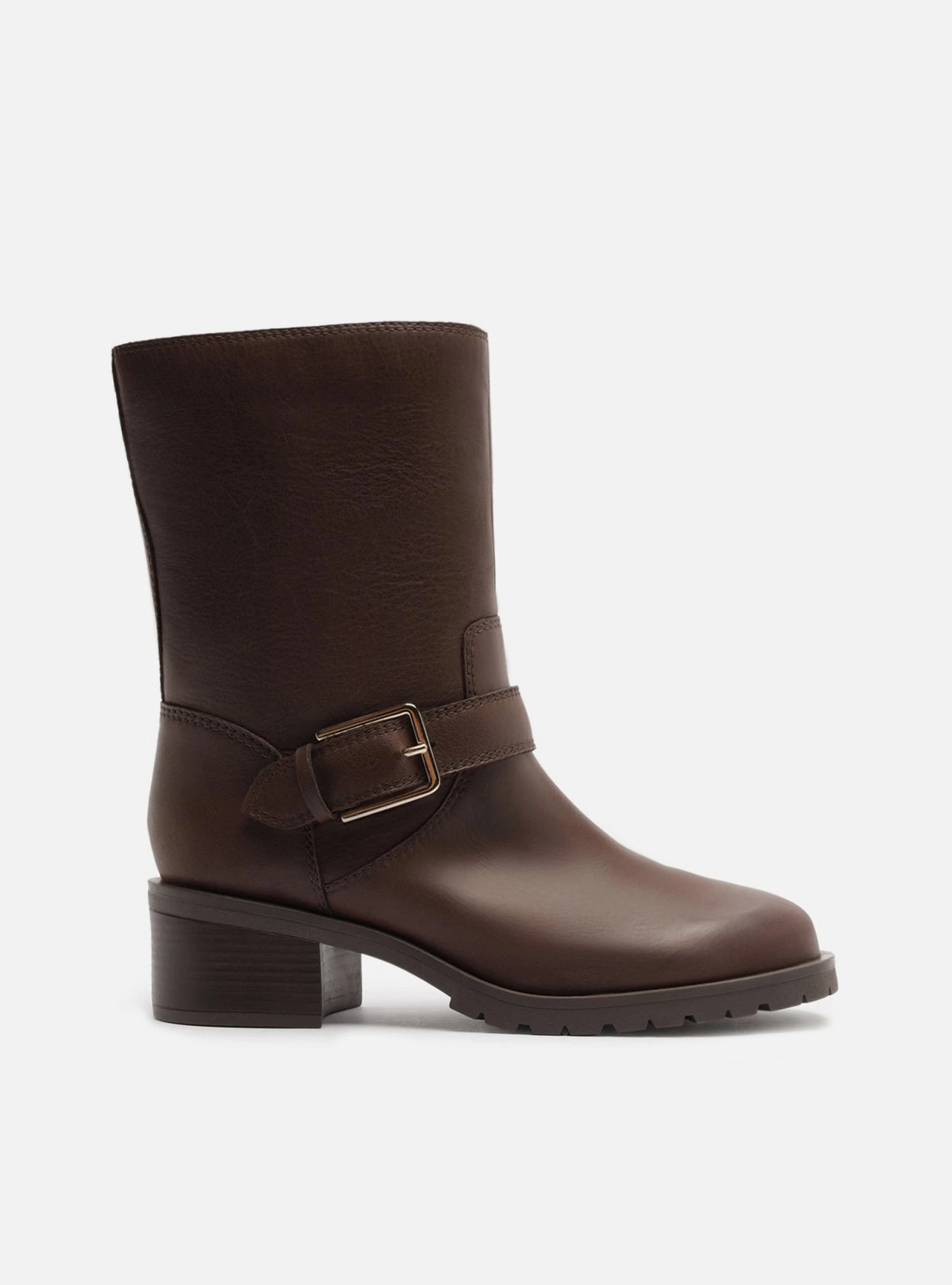 Bota Marrom Couro Cano Médio Salto Bloco