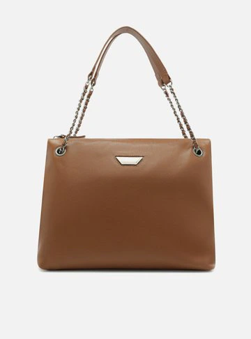 Bolsa Tote Marrom Couro Média Lapela Metal