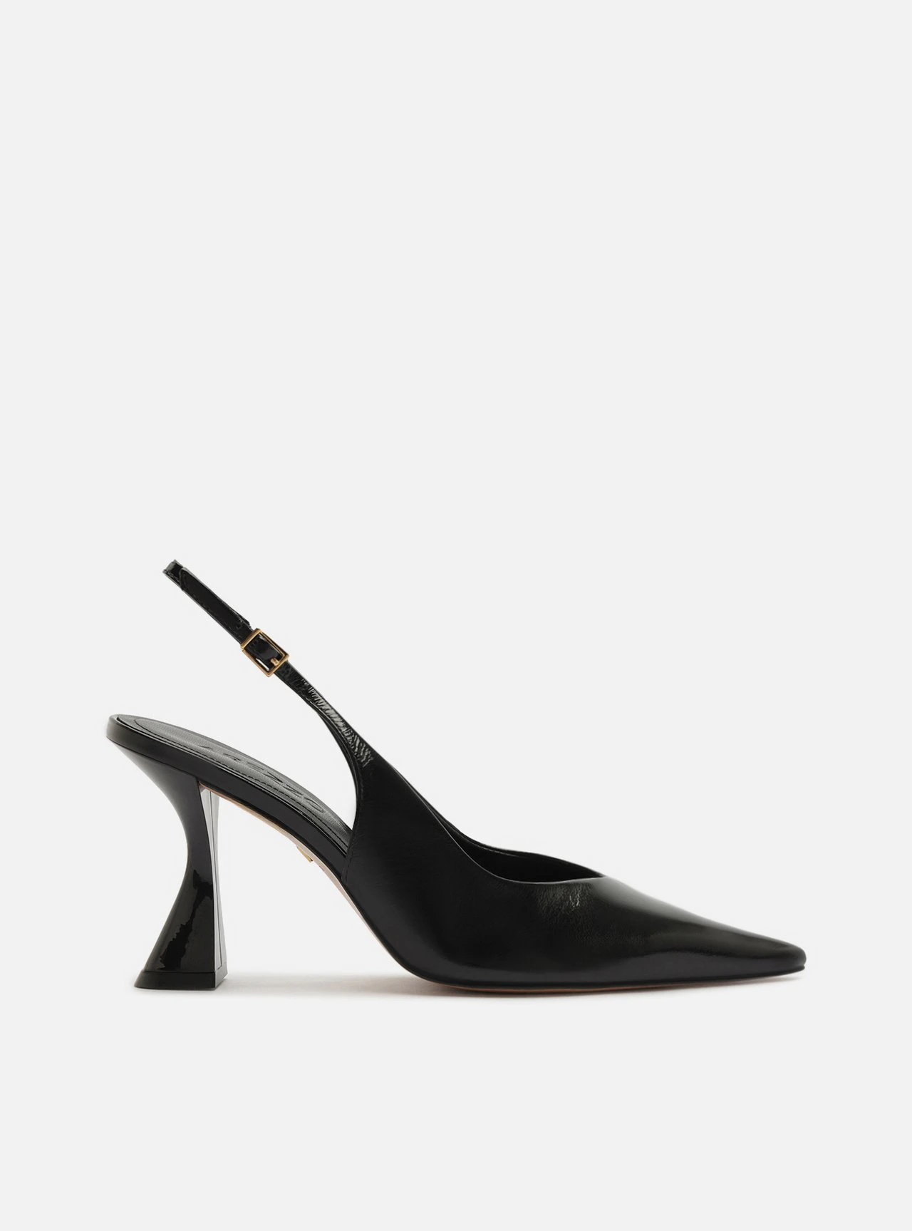 Scarpin Preto Couro Salto Geométrico Fivela Slingback