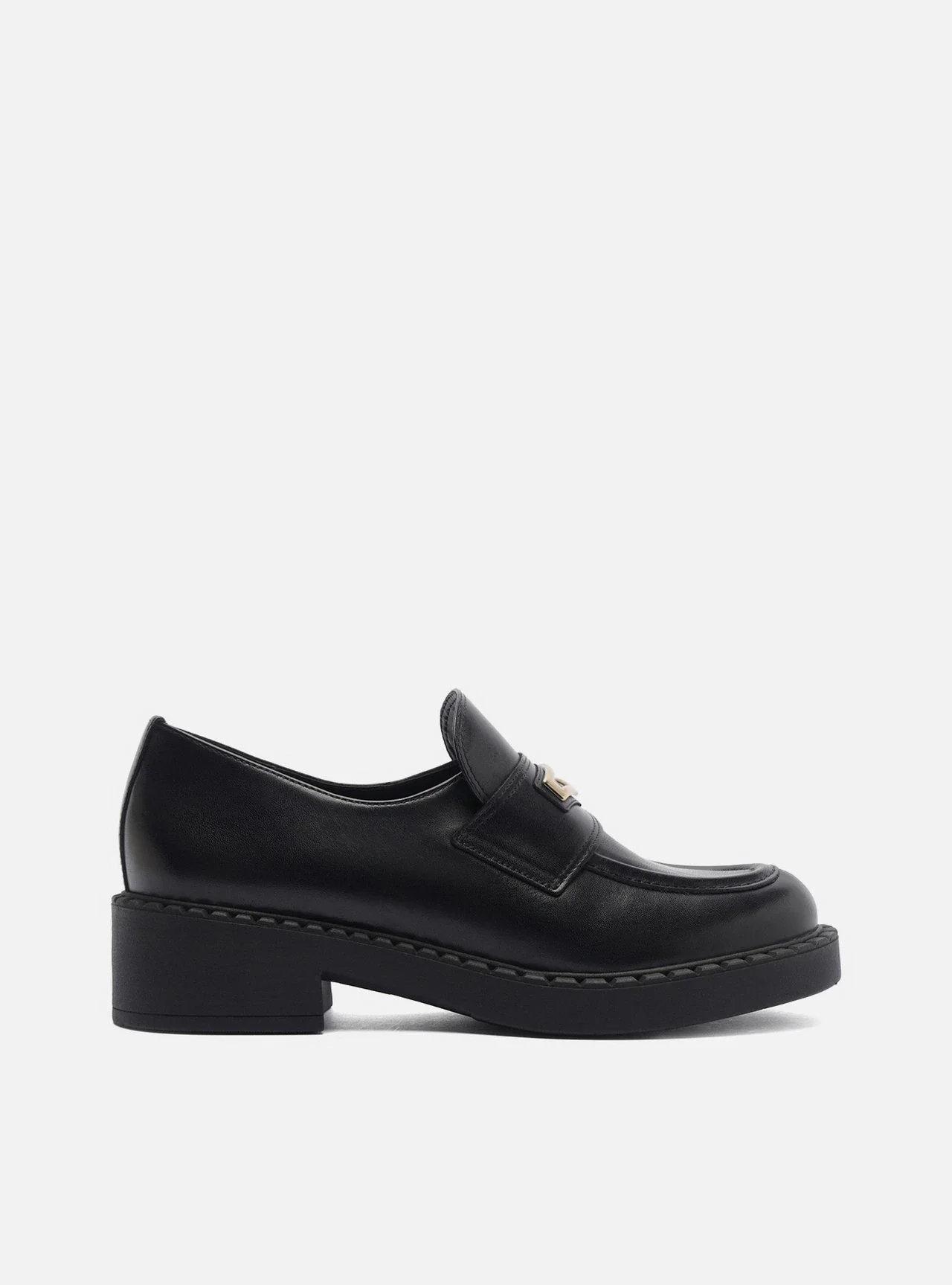 Mocassim Preto Couro Salto Bloco Metal