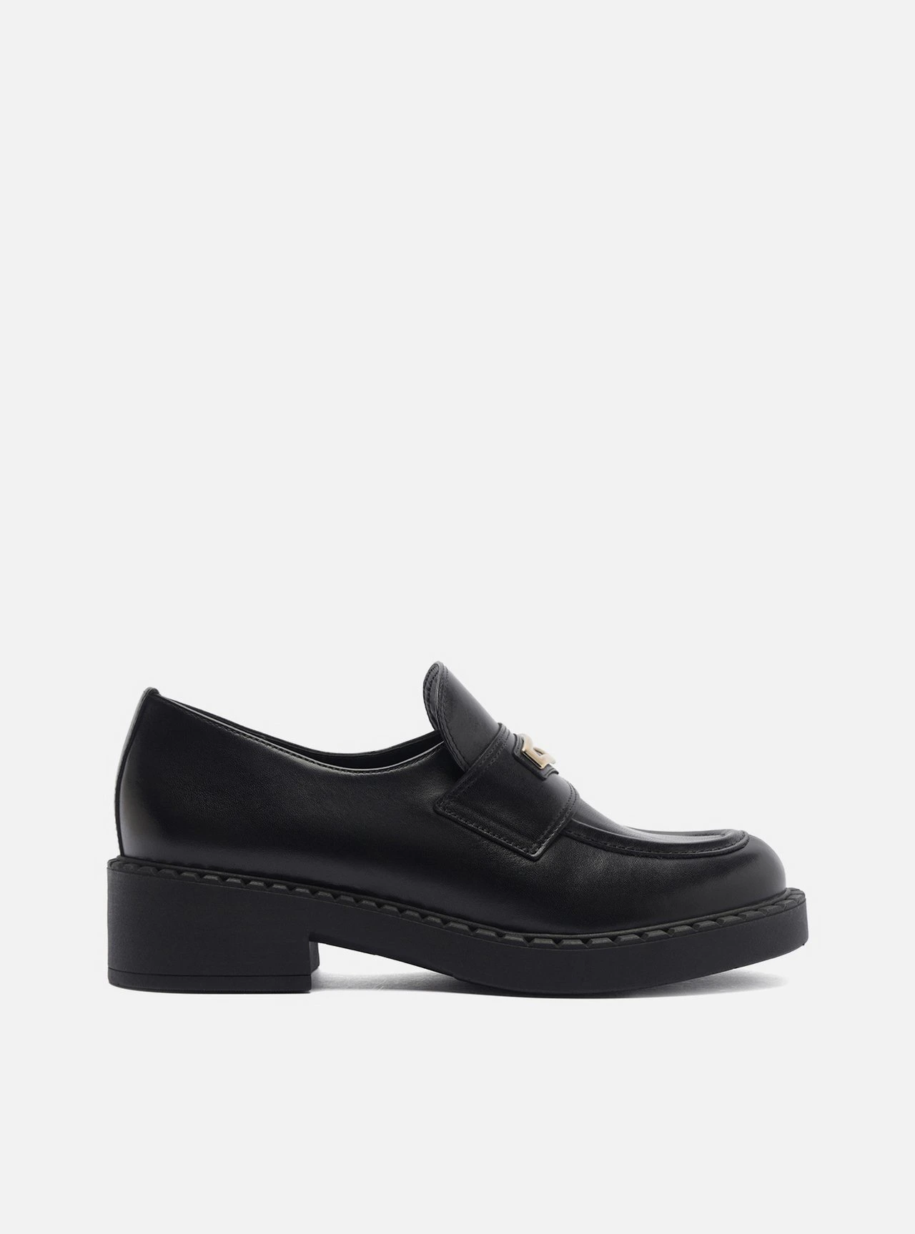 Mocassim Preto Couro Salto Bloco Metal