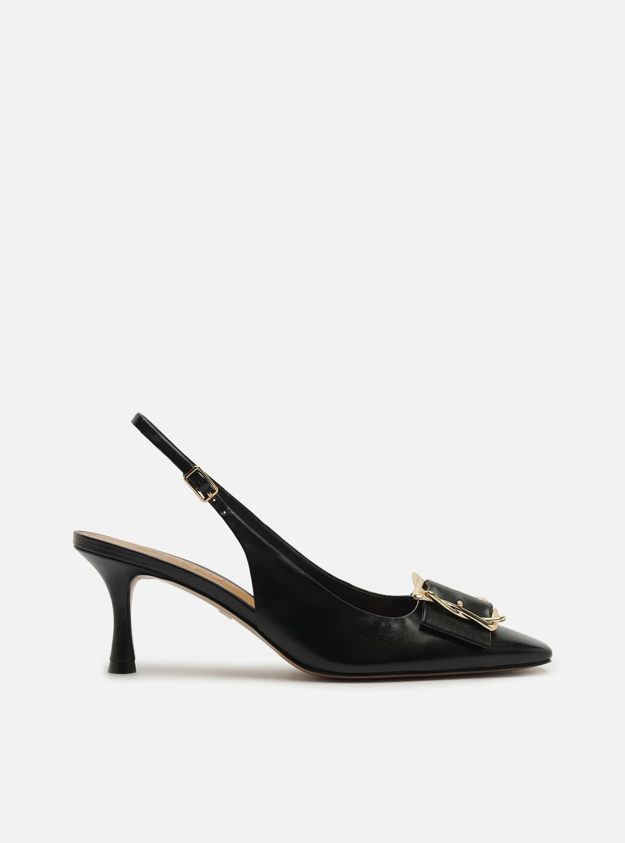 Scarpin Preto Couro Slingback Salto Médio Fivela