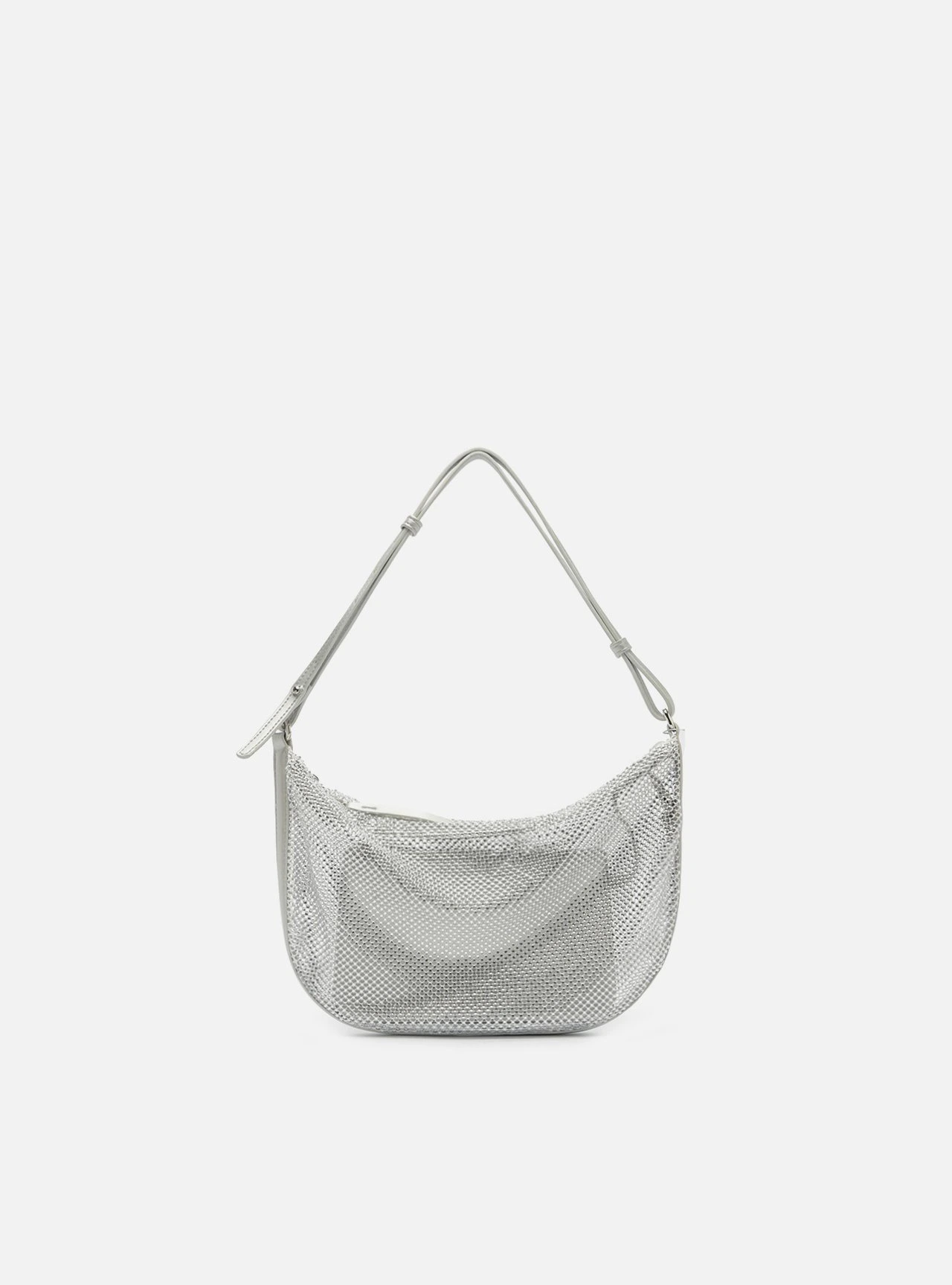 Bolsa Shoulder Prata Tela Strass Pequena