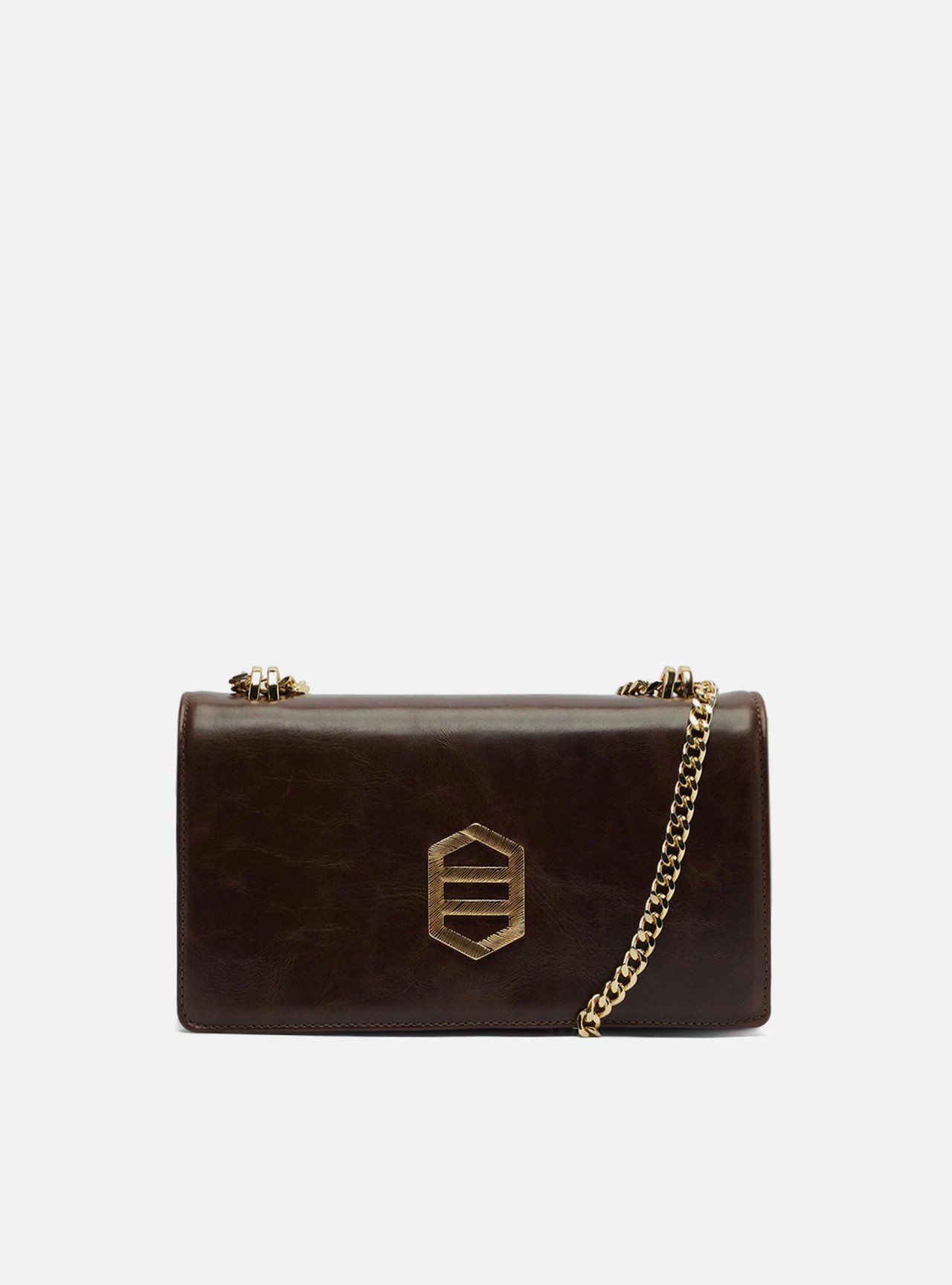 Bolsa Tiracolo Marrom Couro Média Metal Dourado