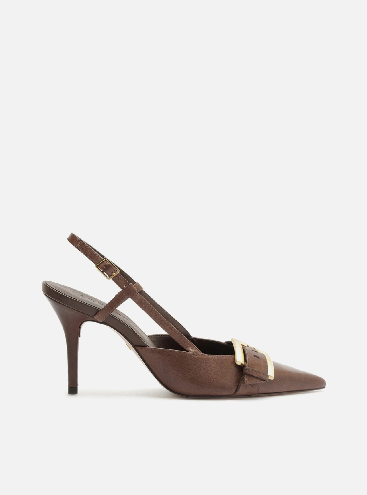 Scarpin Marrom Couro Salto Fino Fivela Slingback