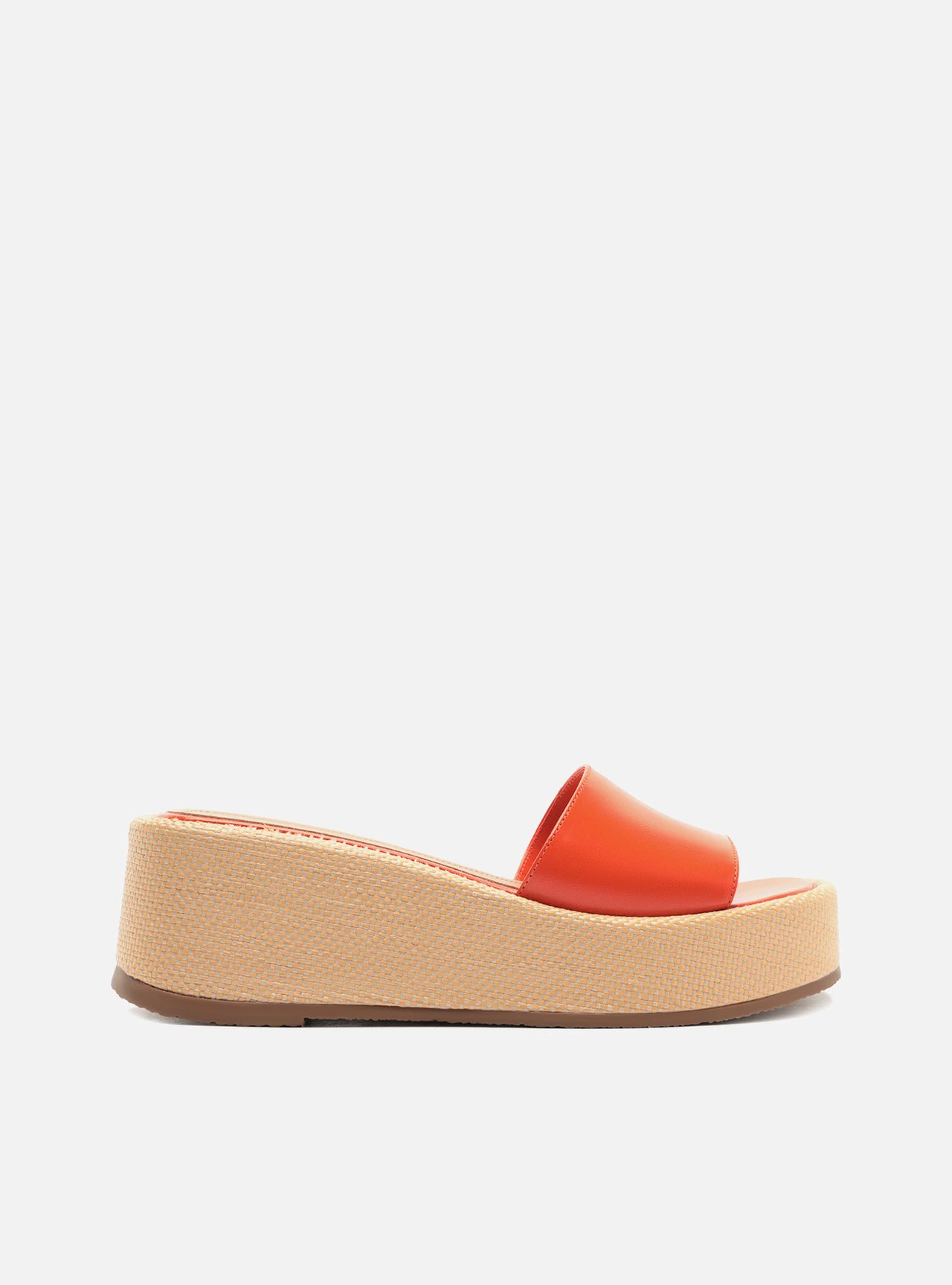 Sandália Laranja Couro Flatform Palha Tira Larga