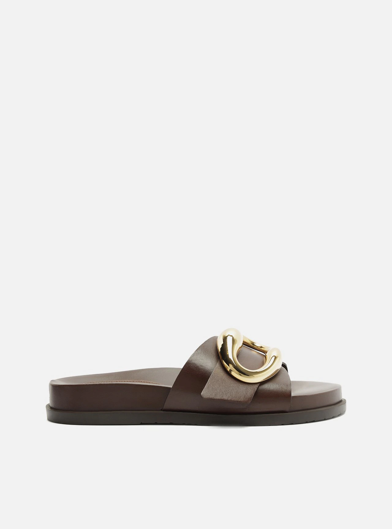 Sandália Papete Marrom Couro Flatform Metais Dourados