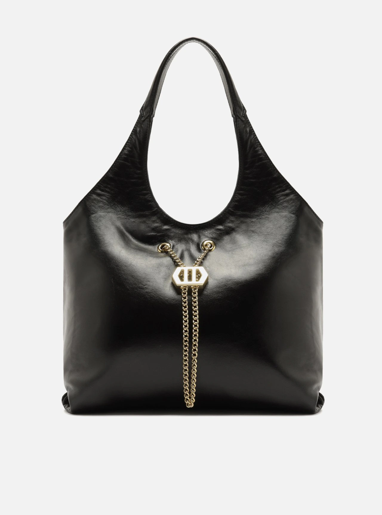 Bolsa Hobo Preta Couro Grande Corrente Dourada