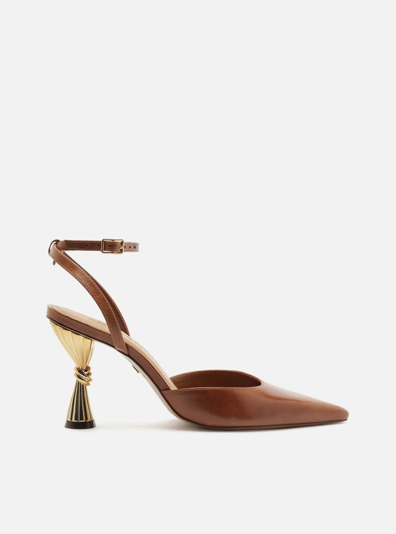 Scarpin Marrom Couro Salto Geométrico Slingback