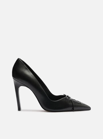 Scarpin Preto Couro Salto Alto Fino Lacing
