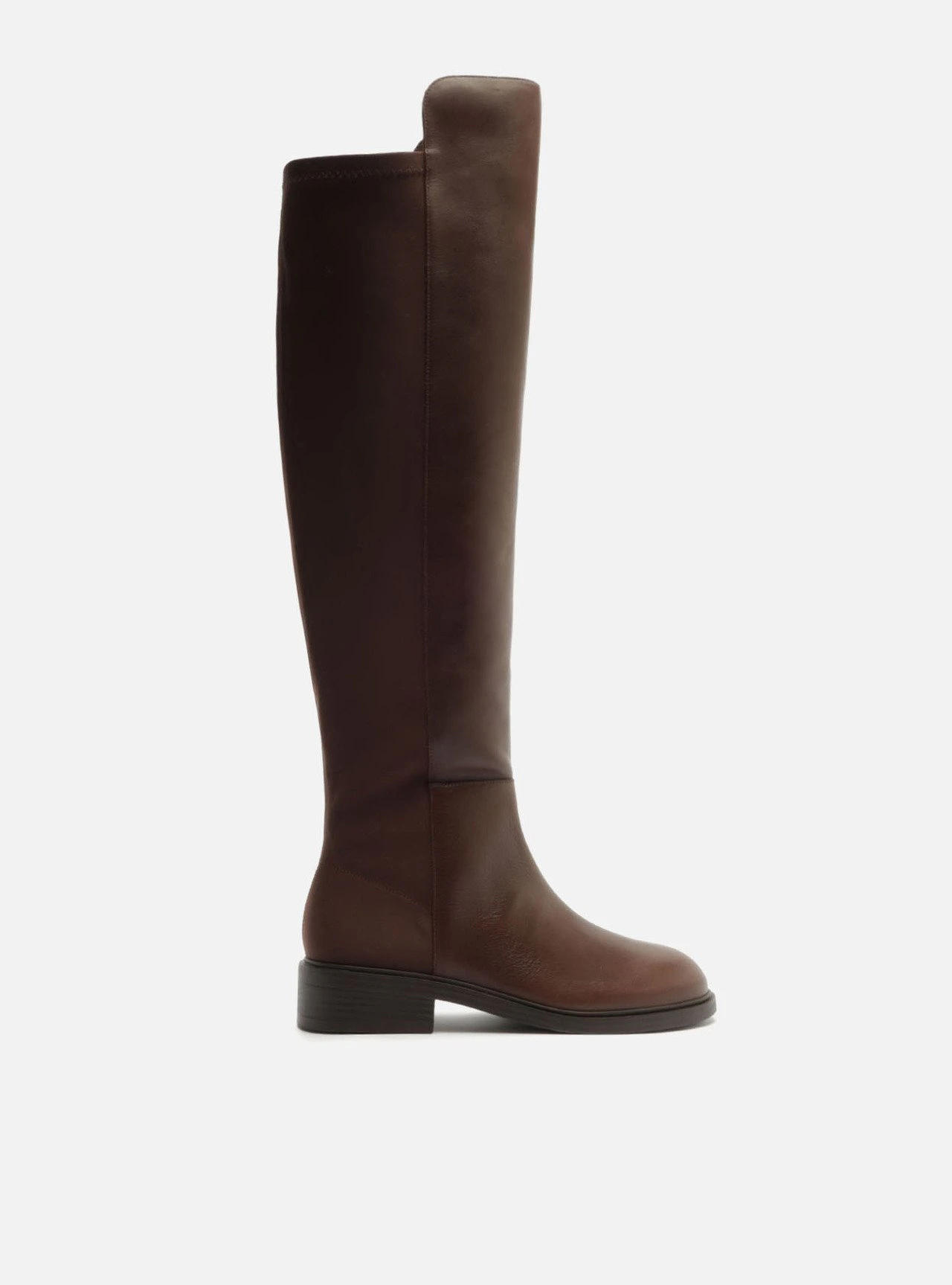 Bota Over The Knee Marrom Couro Salto Baixo Tecido