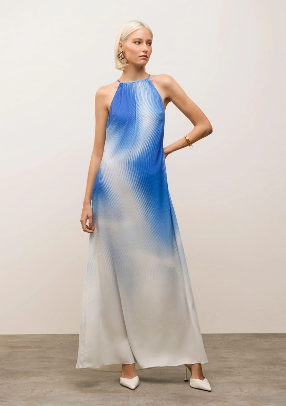 Vestido Iódice Solto Ombro A Ombro Sem Manga Longo Azul