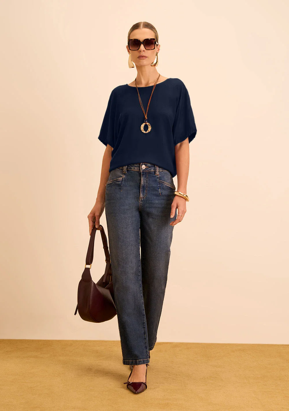 Blusa Maria.Valentina Solta Decote Careca Manga Curta Padrão Azul