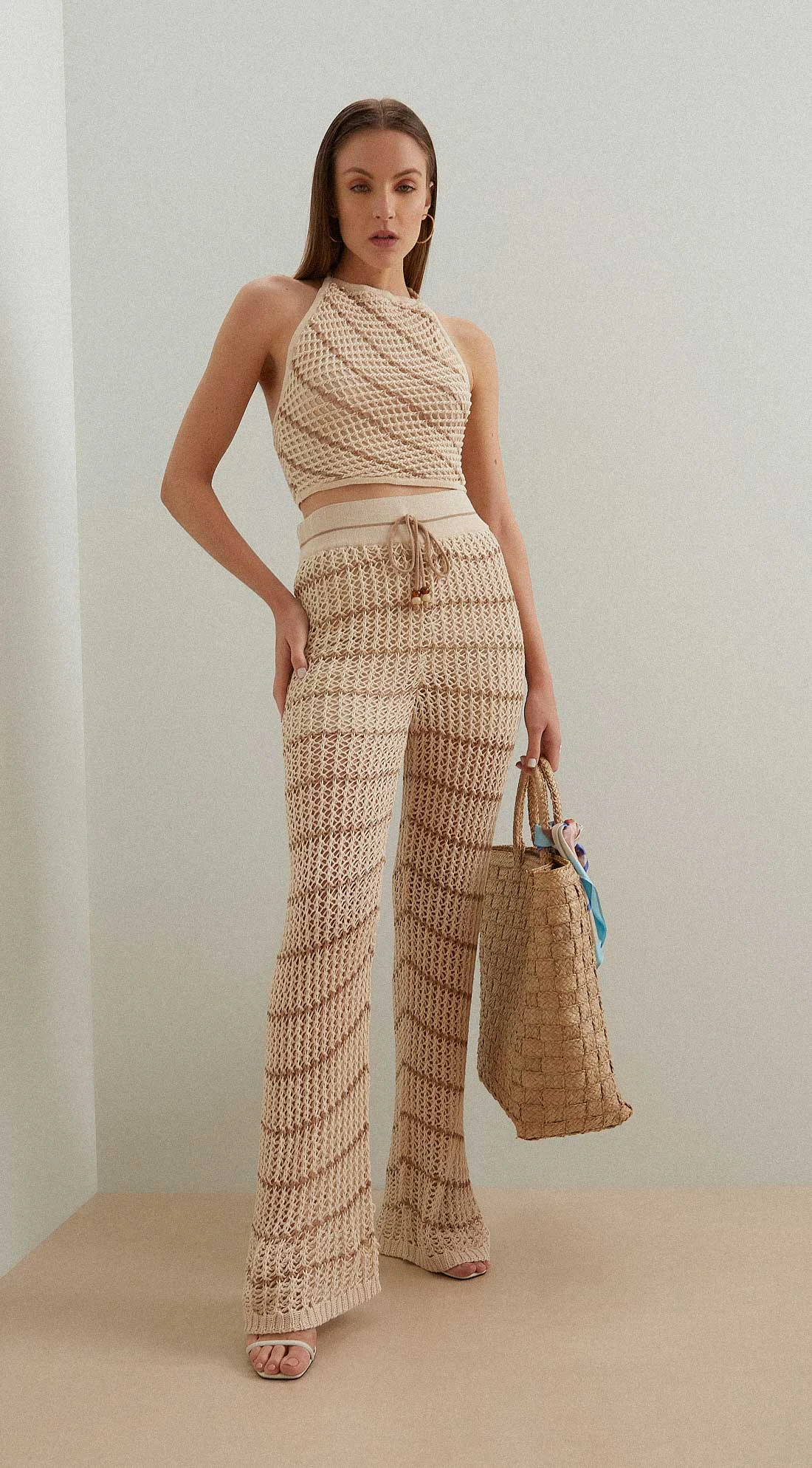 Calca Iódice Reta Cós Elástico Tricot Bege