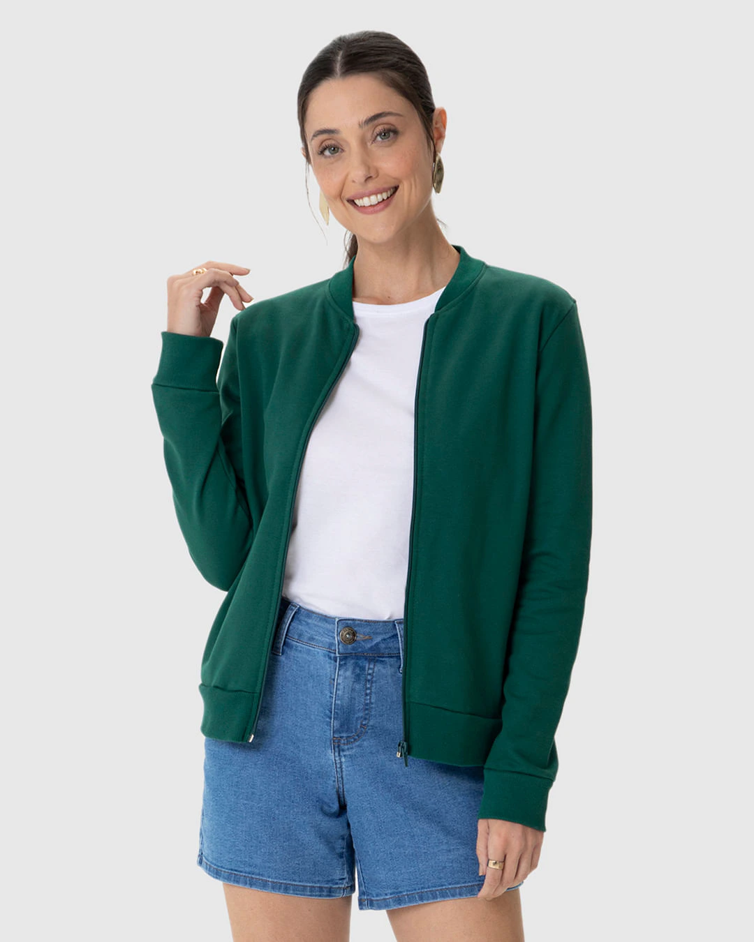 Jaqueta Básica Feminina Bolso Lateral Em Moletom Flanelado