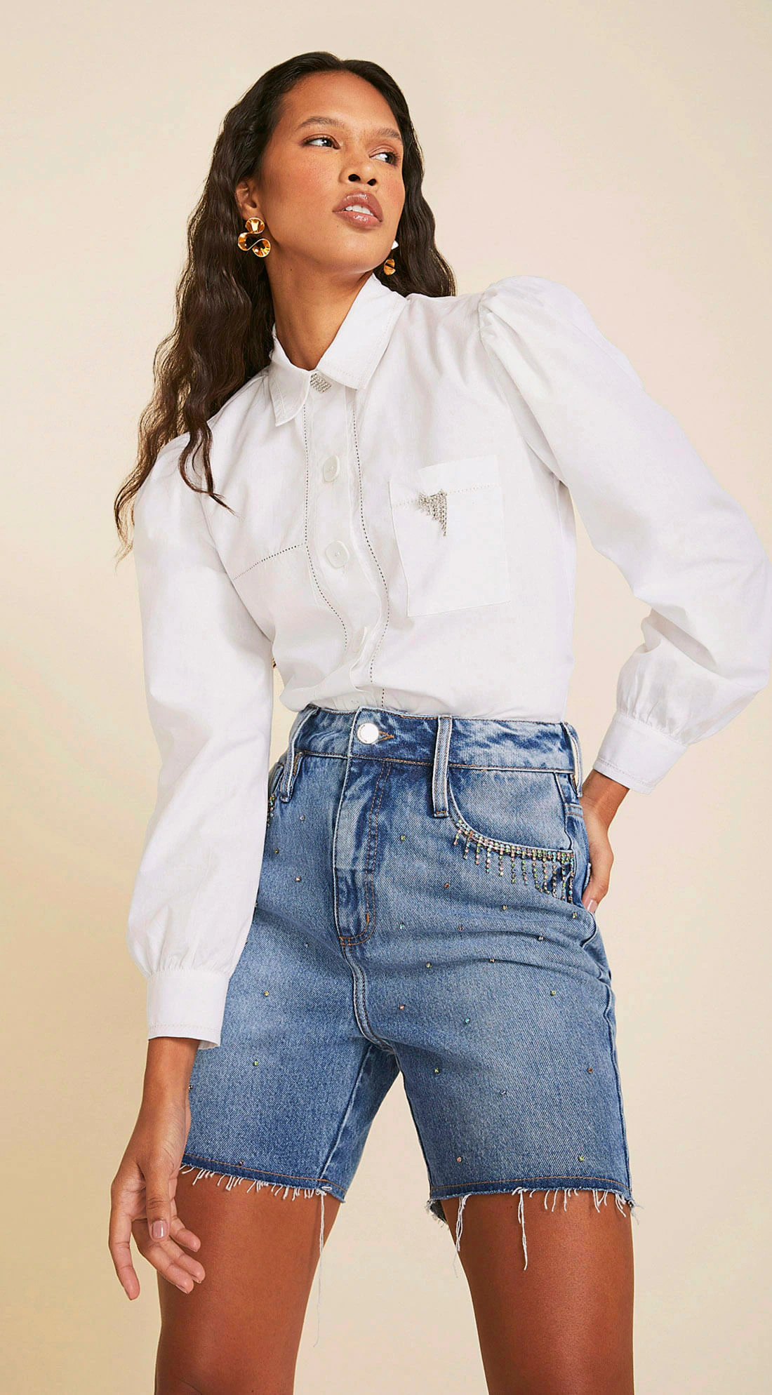 Bermuda Maria.Valentina Reta Bordado Strass Jeans