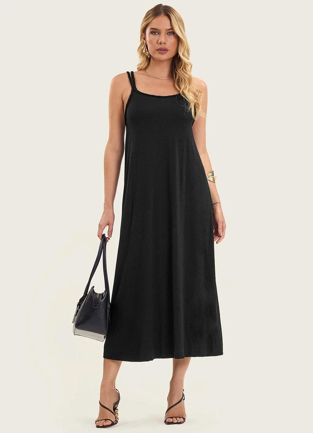 Endless - Vestido Midi de Alça em Visco Maquinetada Preto