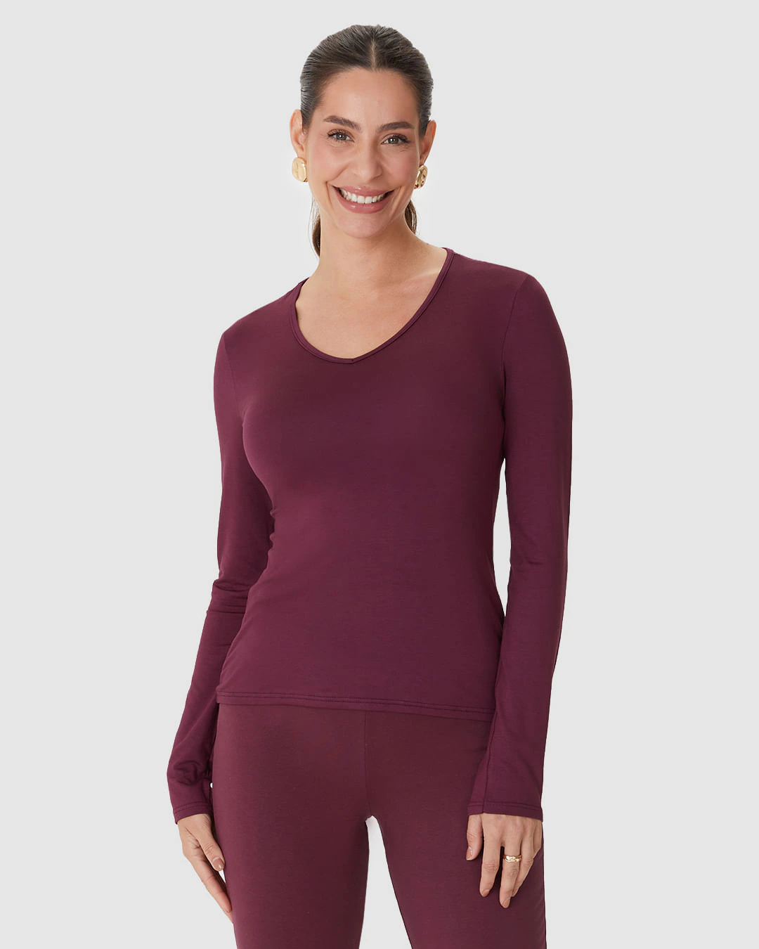 Blusa Básica Feminina Gola V Manga Longa Em Viscose Stretch