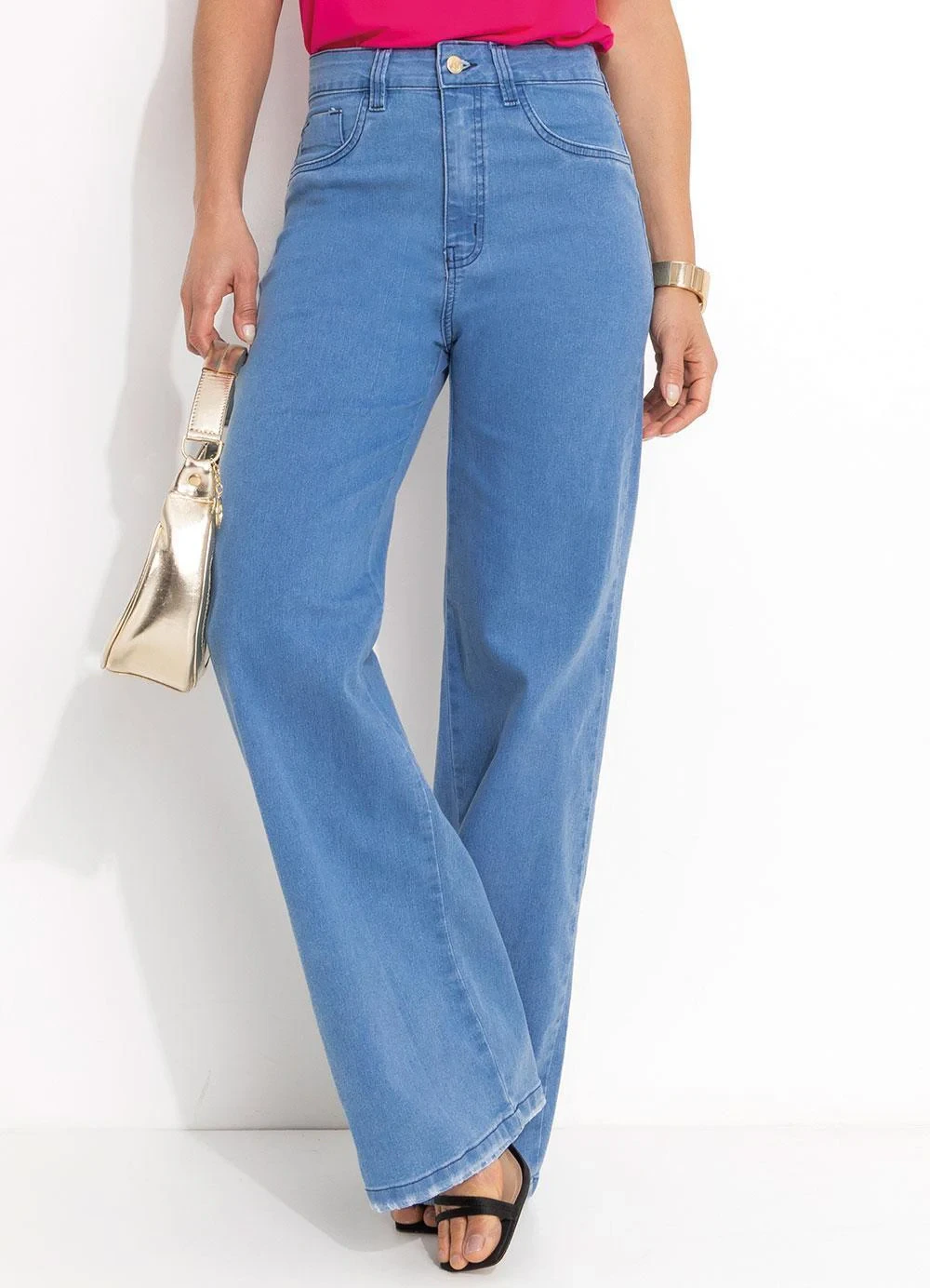 Quintess - Calça Pantalona com Bolsos Jeans Claro