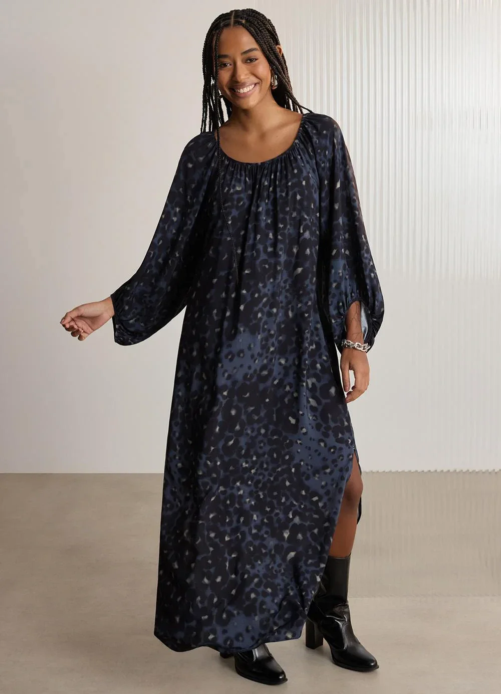 Lunender - Vestido Chá Estampado com Mangas 3/4 Azul