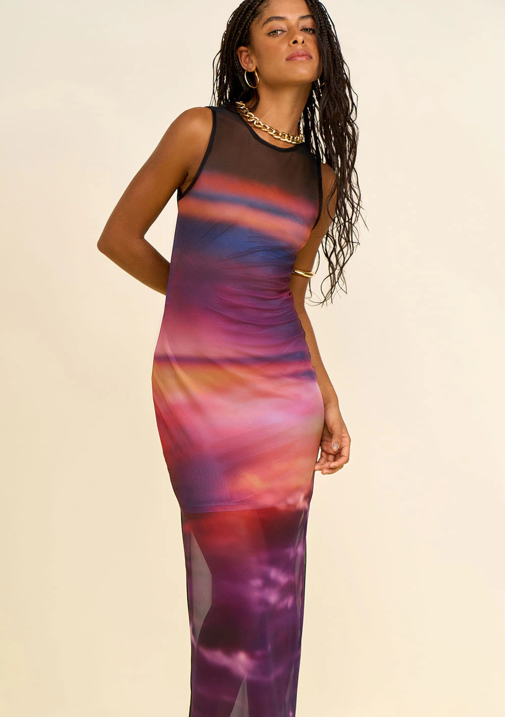 Vestido Zinco Ajustado Decote Careca Sem Manga Midi Laranja