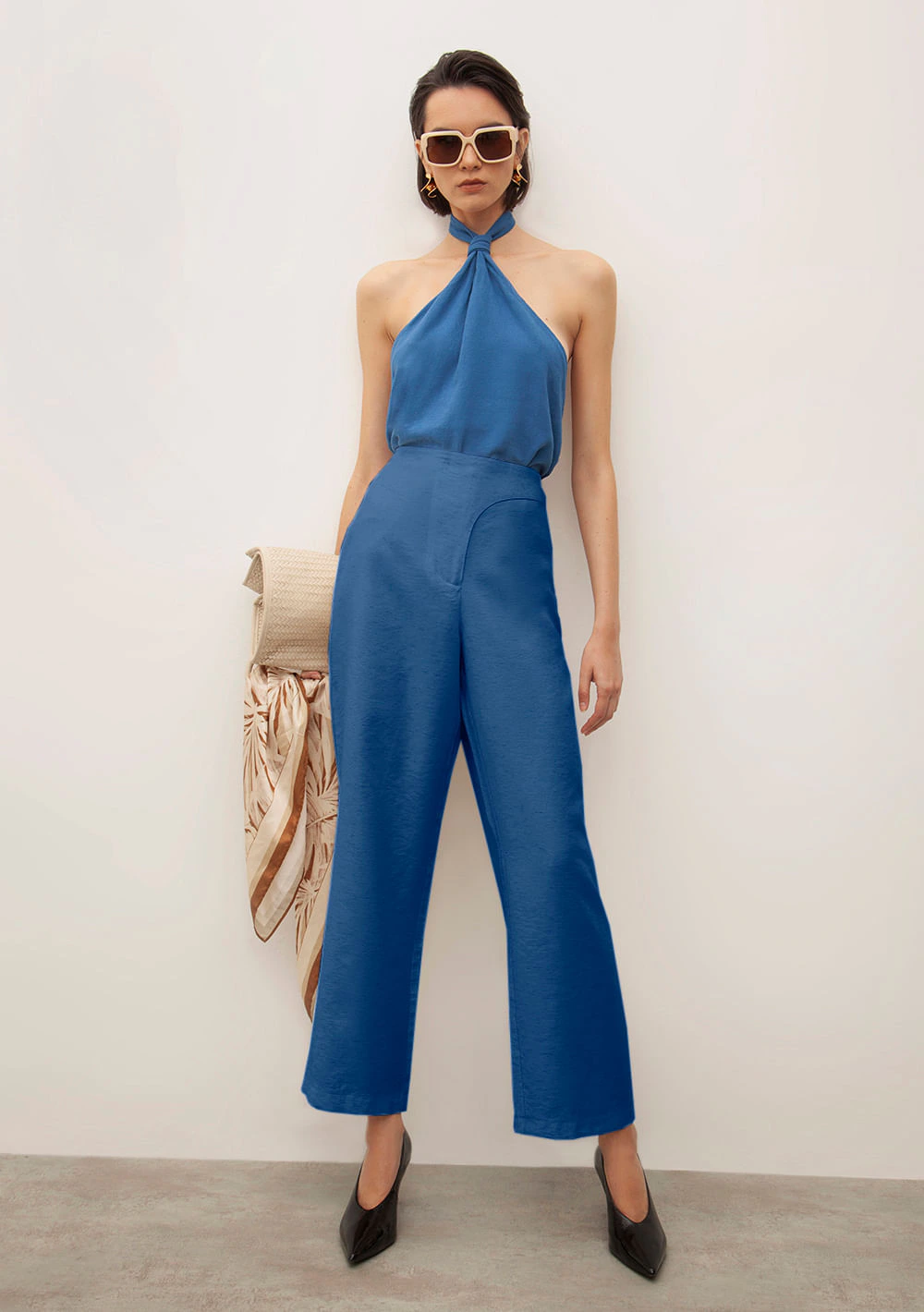 Calça Iódice Reta Cós Alto Com Transpasse Azul