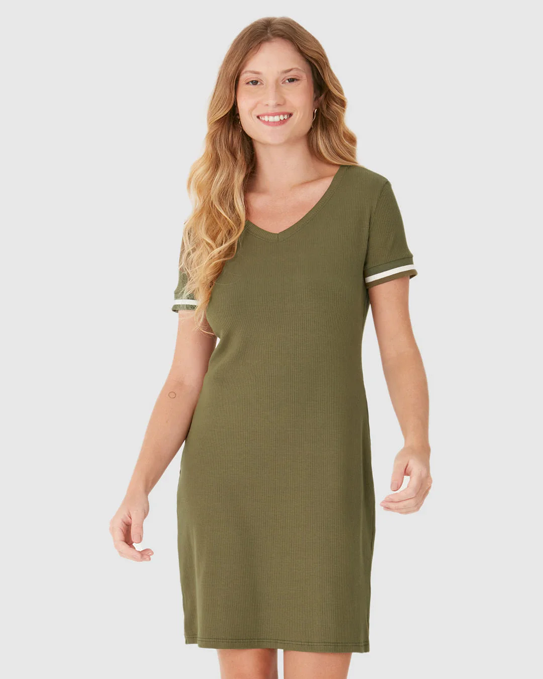 Vestido Básico Feminino Manga Retilínea Em Malha Viscose Canelada