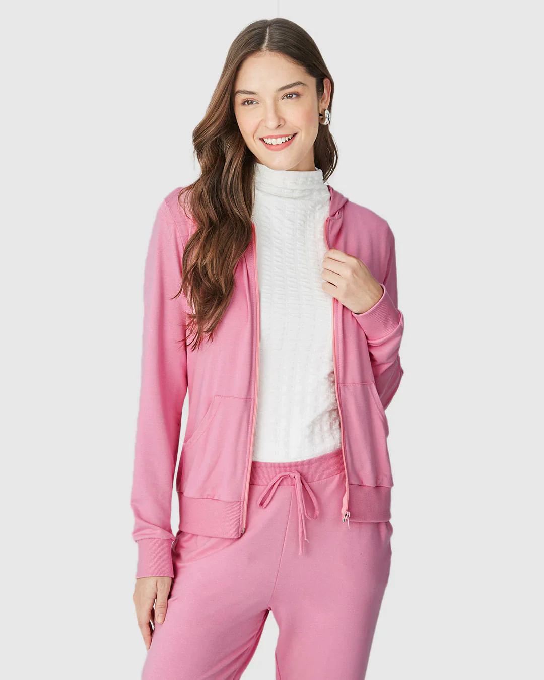 Conjunto Feminino Jaqueta Com Capuz Em Moletinho Stretch Viscose