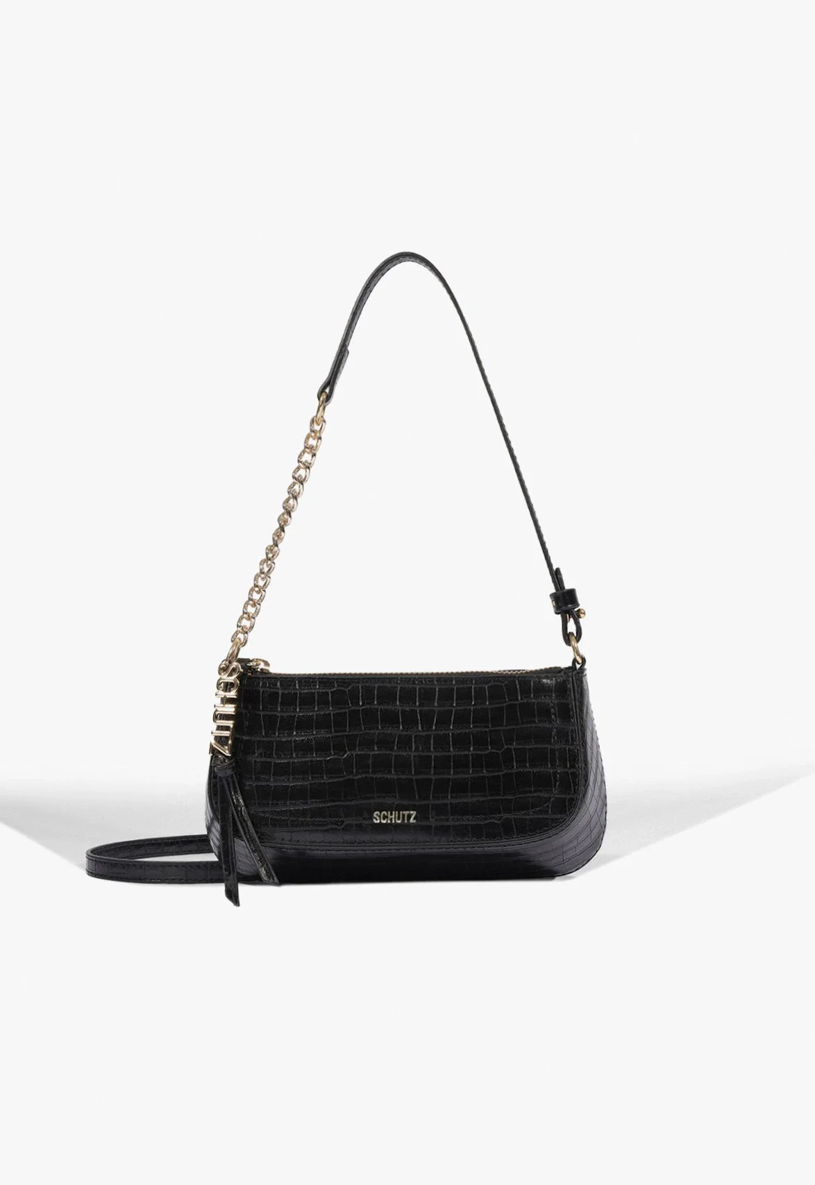 Bolsa Pequena Tiracolo Tina Zíper Croco Corrente Preta