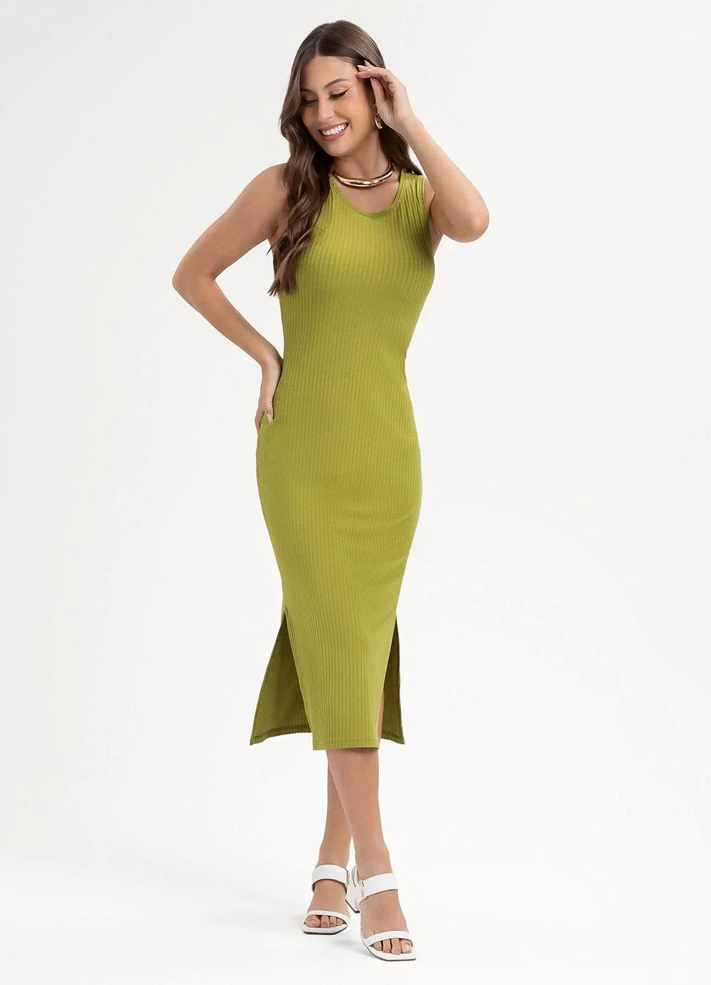 Habana - Vestido Midi em Canelado Verde
