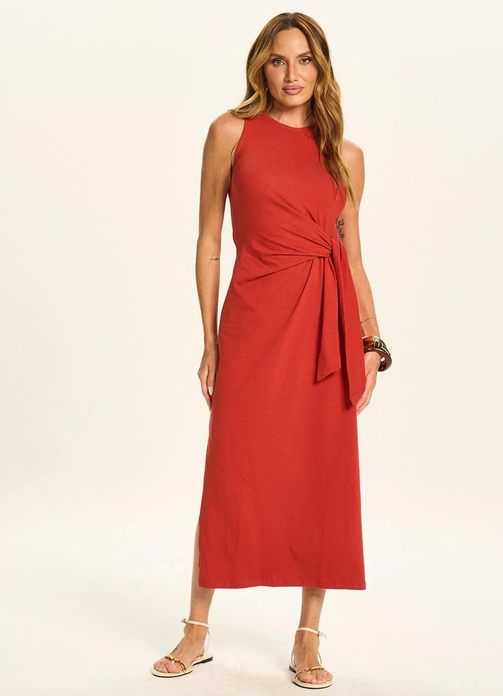 Doce Trama - Vestido Midi com Amarração Lateral Vermelho
